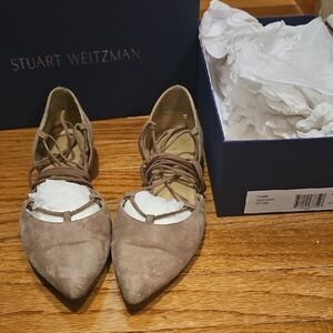 Stuart Weitzman Taupe Suede Lace-Up Flats